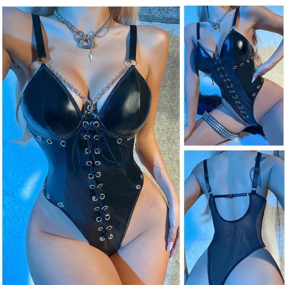 Sexy Lingerie Women Bodysuit Deep V Leather Teddy One Piece Babydoll Nightwear